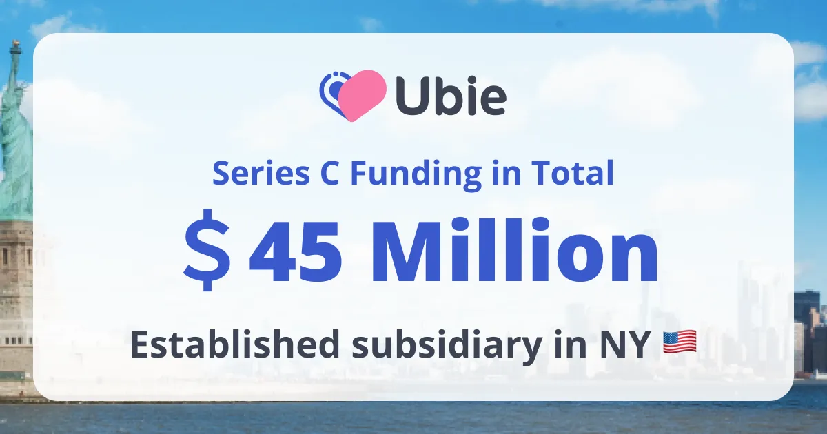 Thumbnail: The image features a banner with a clear blue sky and the Statue of Liberty in the background, suggesting it's related to New York City. In the foreground, there is a large, bold text that reads "Series C Funding in Total $45 Million" and below it, "Established subsidiary in NY" along with an American flag emoji. On the top left, there is a logo with the name "Ubie" next to a graphic of a heart, indicating the name of the company or brand related to this announcement.