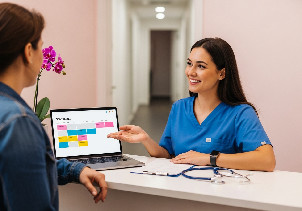 A patient happily checking in while the receptionist confirms a booking on a calendar filled by Smart Support