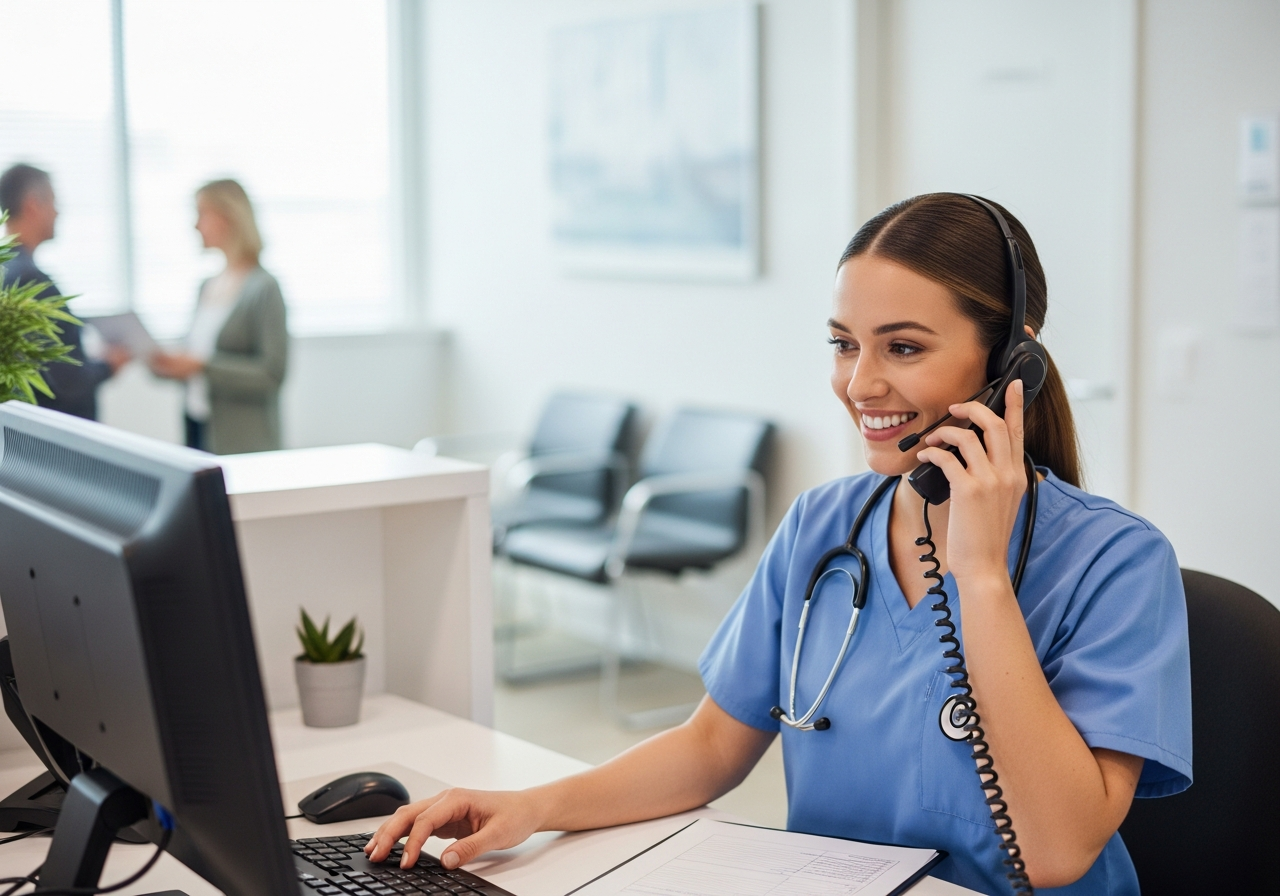 A calm front desk receptionist wearing a headset in a bright clinic waiting room