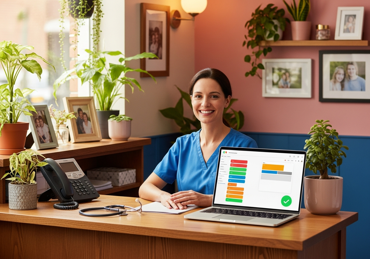 A warm mom-and-pop medical practice front desk running enterprise-grade Smart Support — every call answered