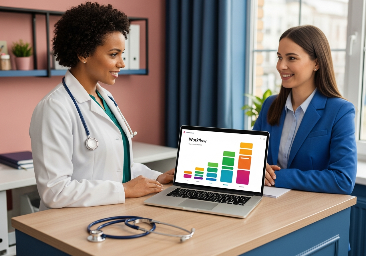 A practice owner and receptionist reviewing their growing set of Smart Support phone workflows on a laptop