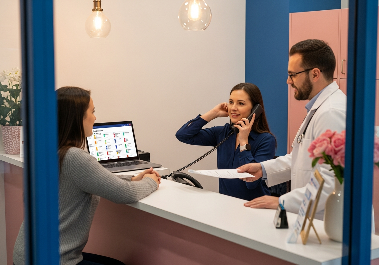 A small-practice receptionist juggling a phone call, a patient at the counter, and the doctor beside her — while Smart Support captures overflow calls on her laptop